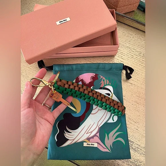 Miu Miu Leather Keychain Trick in Cognac/Mango Braided With Snap-Hook Logo - Picture 5 of 15